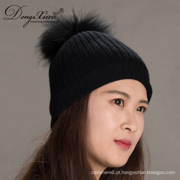 Tricô preto Handmade Real Raccoon Beanie Cashmere Hat com pele